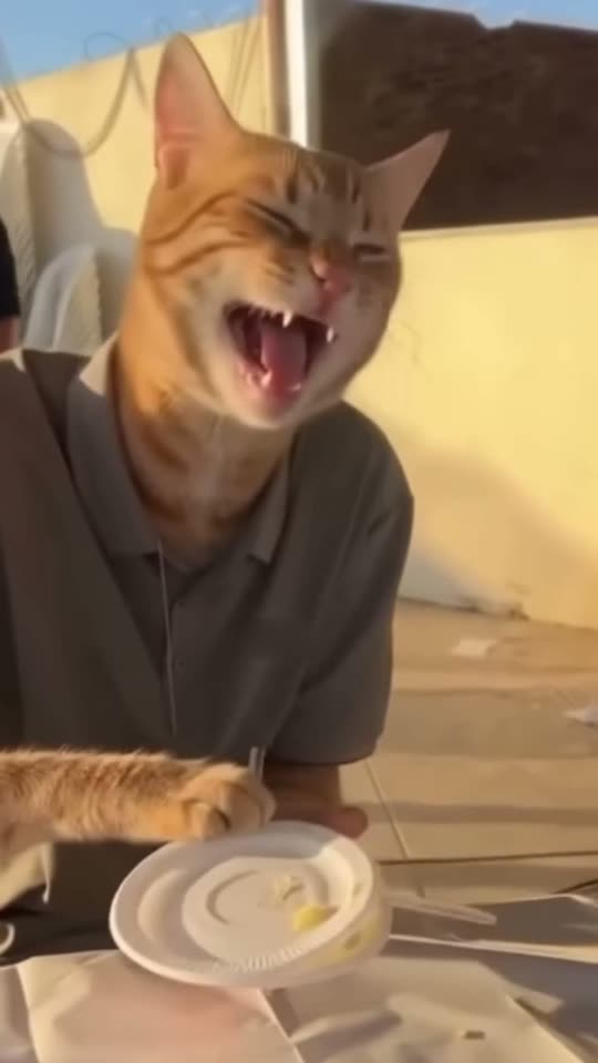 Cat Human AI Video: Your Pet's Real Head on a Greedy Party Guest — AI meme template preview