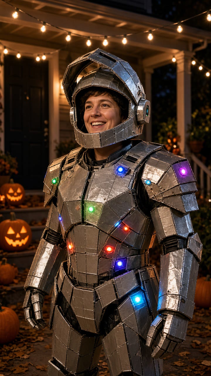 Halloween Robot Costume AI: LED Armor Try-On From One Photo — AI meme template preview