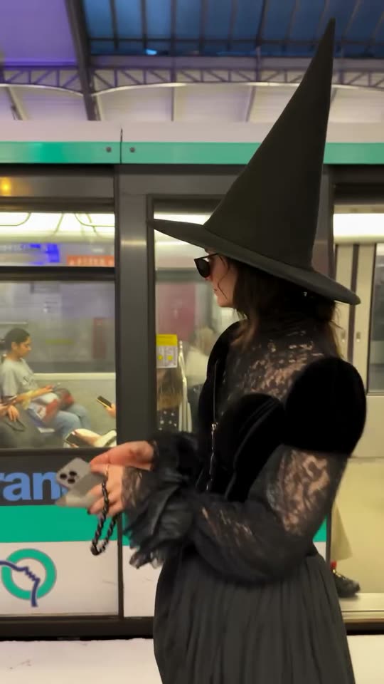 Witch Flying on Broom Video: Fly Beside the Metro Train — AI meme template preview